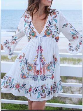 NATURAL LIFE White  Boho Dress with Multicolor Floral Motif